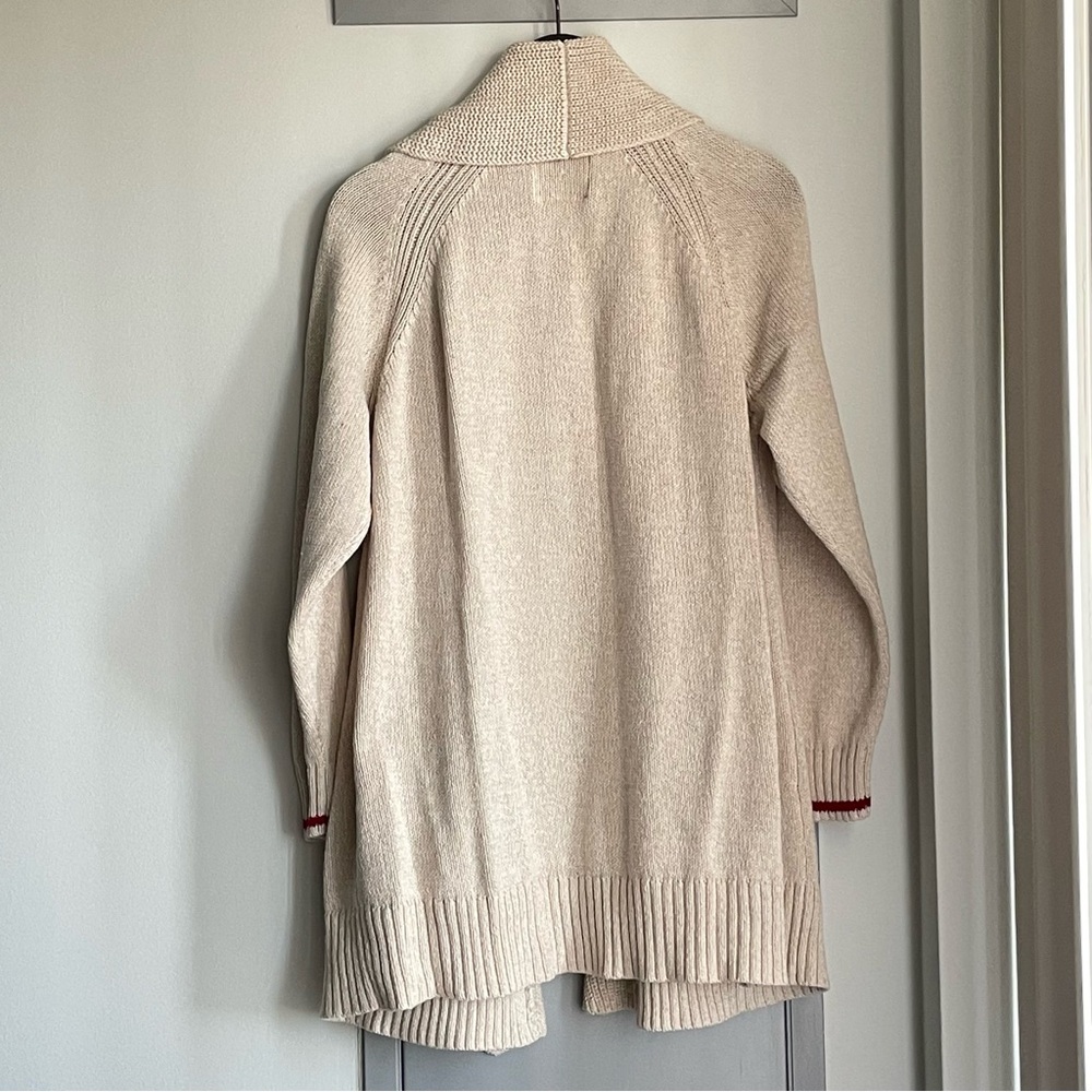 ROOTS Cabin Collection Cream Open Front Cardigan with Red Accents - Picture 3 of 7
